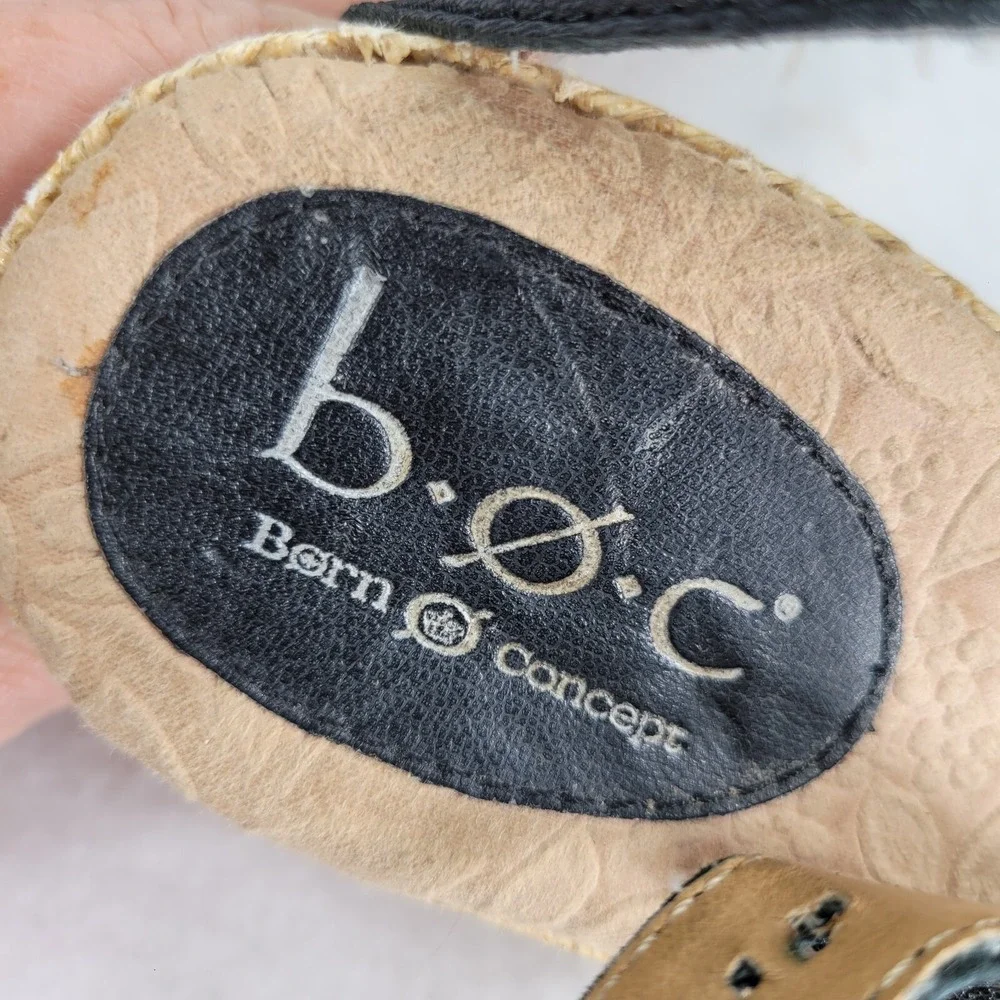 BOC Born Black Leather Peep Toe Wedge Sandals Womens‎ Sz 9 Strappy Flower
